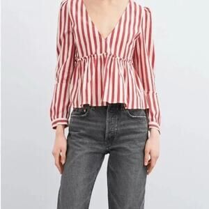 Zara striped Long Sleeve Peplum Fitted Bodice Lightweight Blouse S Red White